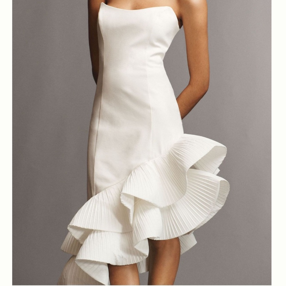 BHLDN White Strapless Pleated Ruffle Hem Dress